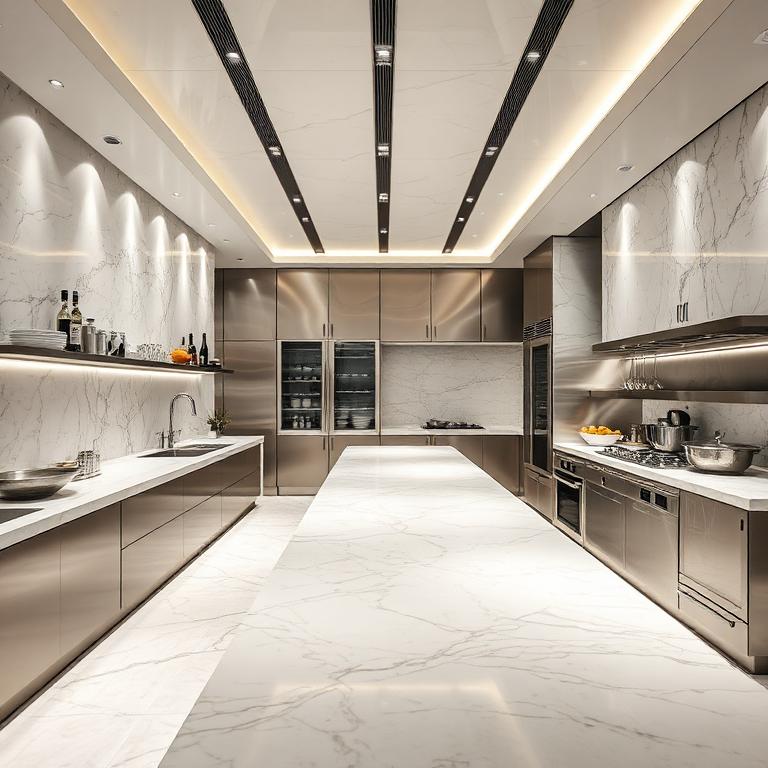 High-end modern kitchen interior with marble surfaces