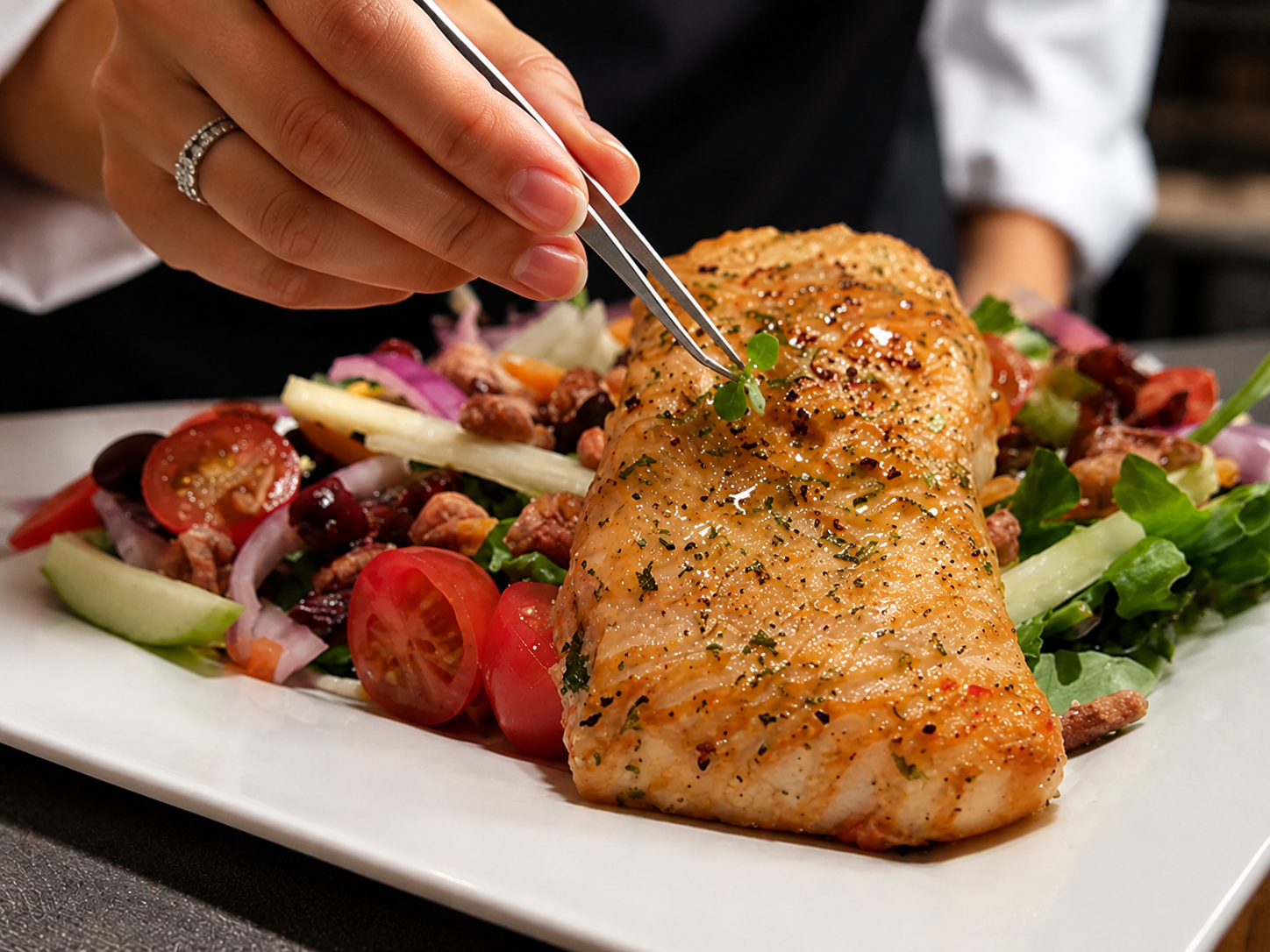 Chef plating a delicate dish with tweezers